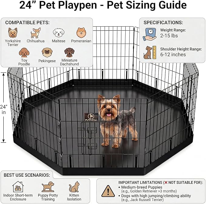 PJYuCien Dog Playpen with Bottom Pad - Metal Foldable Exercise Pen, 8 Panels 24" H x 24" W Indoor Outdoor Pet Fence Puppy Crate Kennel, Black