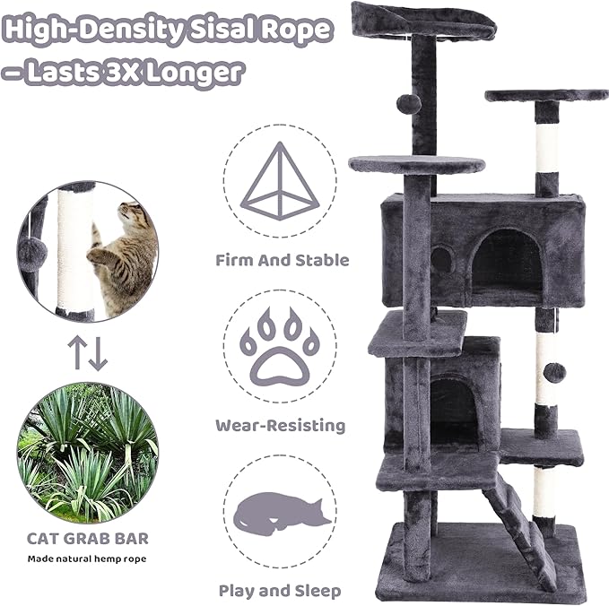 54" Cat Tree for Indoor Cat, Multi-Level Pet House w/Cat Perch, Scratch Post, Plush Toy, Perfect Pet Gift, Light Gray