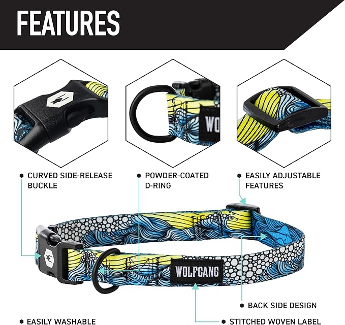 Wolfgang Heavy Duty, Adjustable Dog Collar with Quick Release Nylon Buckle for Walking & Training, DawnPatrol Print, Small