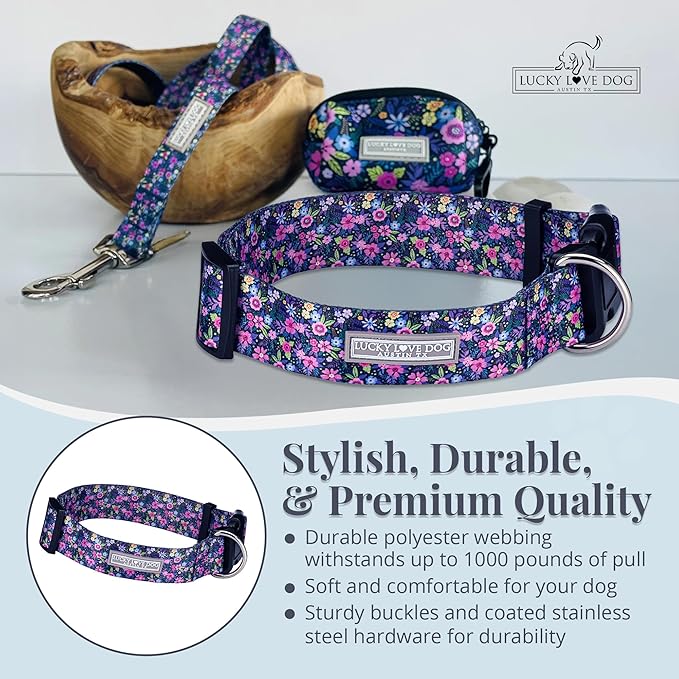 Lucky Love Dog Wide Dog Collar - Adjustable, Durable, Soft Webbing, & Comfortable 1.5 inch Wide Collar for Dogs Male and Female with Strong Buckle - Primrose, Large