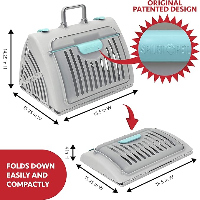 SportPet Large Hard-Sided Travel Cat Carrier - Cat Carrier with Patented Wide Side-Opening Door, Foldable Portable Pet Carrier with Removable Bed for Cats & Small Pets up to 25lbs - Gray
