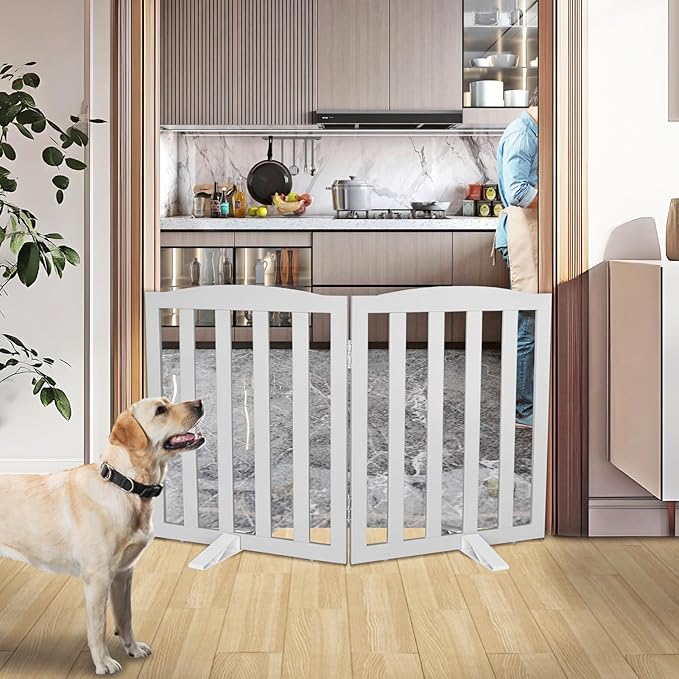 ZJSF Foldable Freestanding Indoor Dog Gate for House Wood Long Pet Gates Dog Fence for Stairs Puppy Gates for Hallways, Puppy Gate,Support Feet Included, Grey, 24 "Height-2 Panels