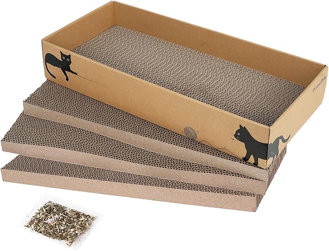 PrimePets 3-Pack Cat Scratcher Cardboard with Box, 17.3" Large Reversible Cat Scratching Pads for Indoor Cats, Heavy Duty Corrugated Cat Scratches Board, Furniture Protector for Large Cats & Kittens