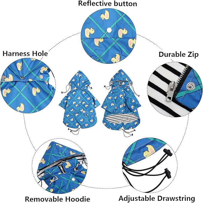 Morezi Dog Zip Up Raincoat with Reflective Buttons, Rain/Water Resistant, Adjustable Drawstring, Removable Hood, Raincoats with Legs 8lbs to 80lbs Available - Grid Blue - S