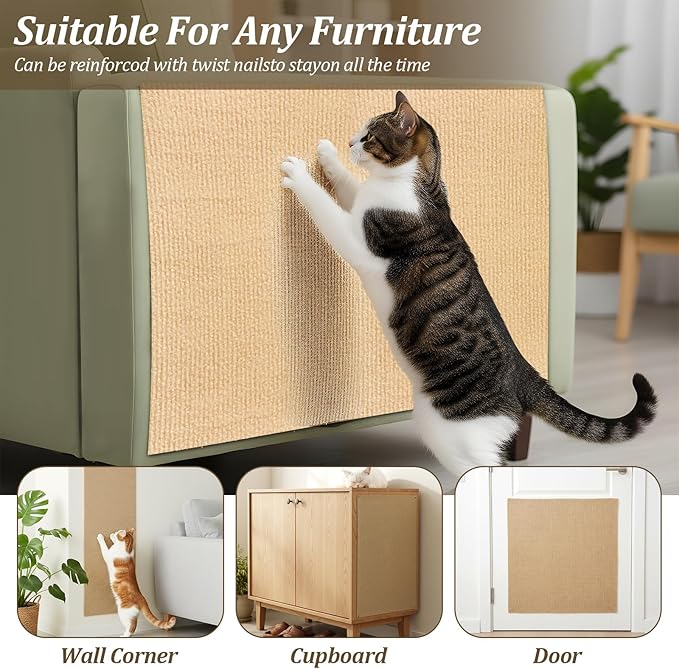 Cat Scratching Mat, Cats Scratch Furniture Protector Trimmable Self-Adhesive Carpet Mat DIY Cat Scratchers for Indoor Couch Wall Sofa Chair Cats Tree Shelves (118" x 15.75", Khaki)