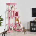 Topeakmart 63in Cat Tree, Large Cat Tower Furniture w/Cat Condo, Padded Platform & Sisal-Covered Scratching Post, Stable Cat Tower Pet Play House, Pink