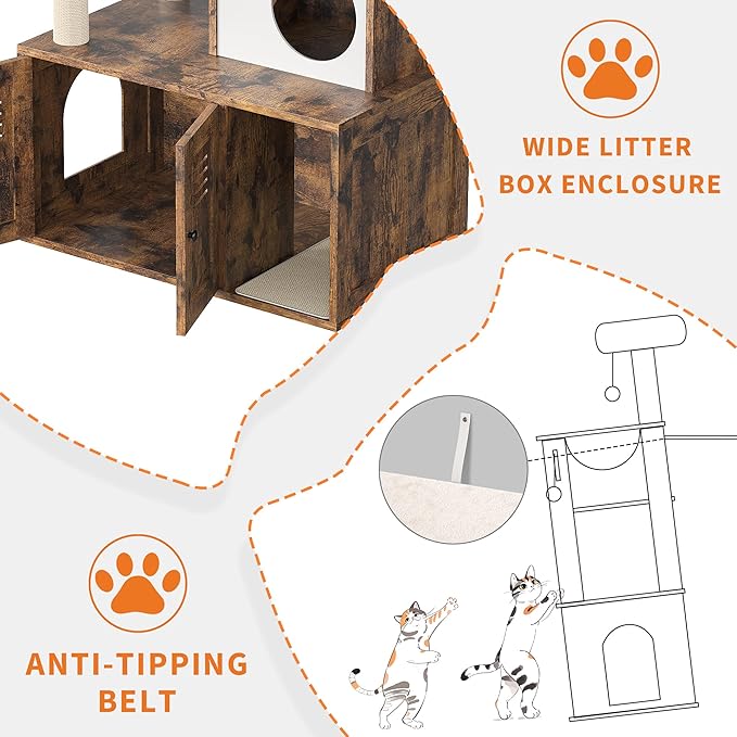 3-in-1 Cat Tree & Litter Box Enclosure - Space-Saving 55'' Tall Cat Tower with Scratching Posts, Hammock & Hidden Washroom Cabinet (Retro Brown)