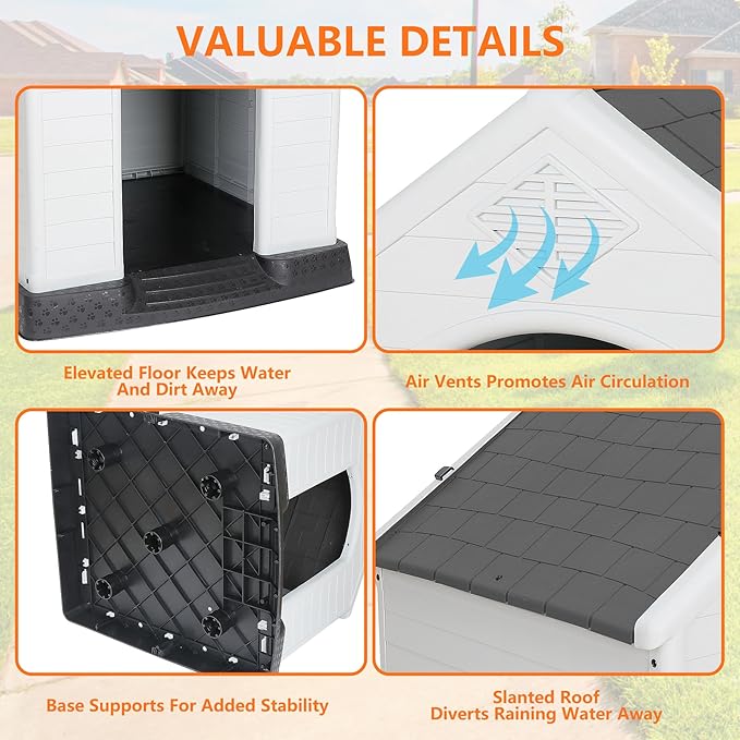 ZENY Plastic Dog House - Waterproof Dog Kennel with Air Vents and Elevated Floor All Weather Indoor Outdoor Insulated Doghouse Puppy Shelter, Easy to Assemble (Grey, 28inch)