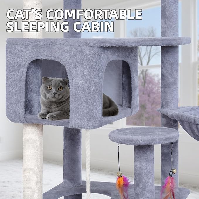 Big Cat Tree, Cat Tower with Multi-Level Condo, Hammocks, Rotating Toy (Grey, 63.4'')
