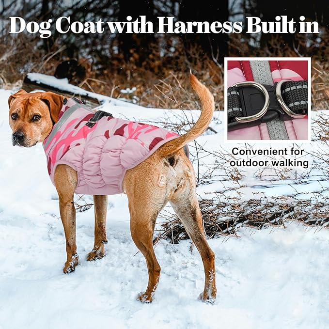 Lelepet Warm Dog Winter Coat Dog Coats for Small Dogs Waterproof Dogs Jacket with Harness Built in Reflective Cold Weather Coats Windproof Zip-Up Winter Fleece Vest Snowsuit Chihuahua Pink Camo