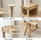 54-Inch Cat Tower,Multi-Level Pure Wood-Modern Cat Tree Tower with Condo, Cat Stairs, Bowl,9 Sisal Scratching Posts, Top Perch, Toy Balls,Cat Tree for Indoor Cats Large Adult (KT-1022)