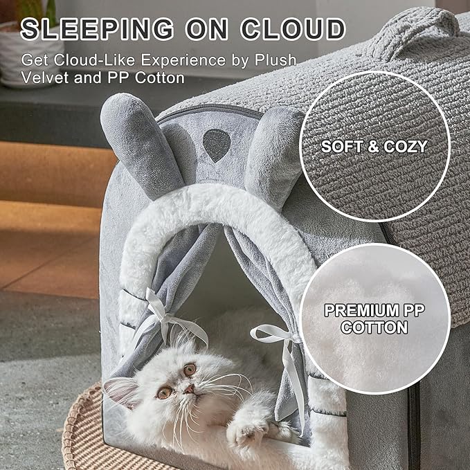 Jiupety Cute Small Dog Cave Bed with Door Curtain Design, Dog House with Reversible Washable Cushion, L Size Portable Puppy House for 14-22lb Cats and 12-17 lb Dogs, Non-Slip Bottom, Grey