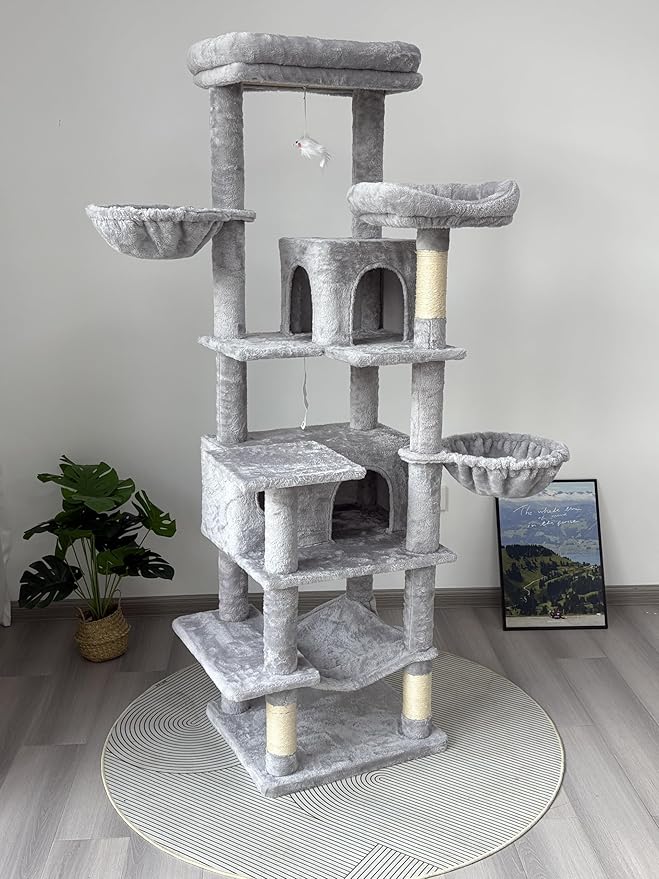 68 Inch Multi-Level Large Cat Tree - Sisal Scratching Posts & Removable Cushions, Cozy Hammock and Comfortable Hideaway, Tall Cat Tower for Indoor Cats (Light Gray + MDF)