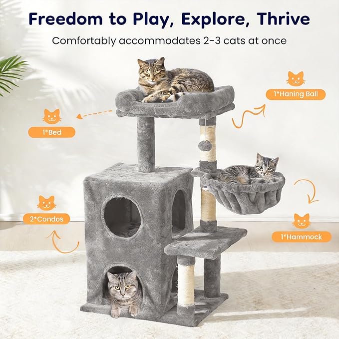 Cat Tree Tower for Indoor Cats, 36-inch Adult Cat Tree House for Large Adult Cats with Steps, Scratching Post, 2 Cat Condo, Dangling Toys, Light Grey