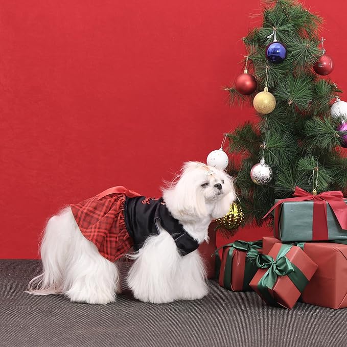 CuteBone Christmas Dog Dresses Velvet Holiday Small Dogs Clothes Onesie Pet Apparel Girl Puppy Skirt with Bow Hair Rope CVA59XXS-D