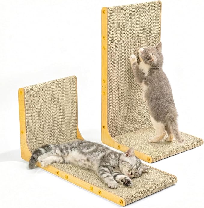 Cat Scratcher Lounge, 23 Inch L-Shaped Cat Scratch Pad, Vertical & Horizontal Scratching 1.2" Thick Cardboard Board, Durable, Eco-Friendly, Wood Grain