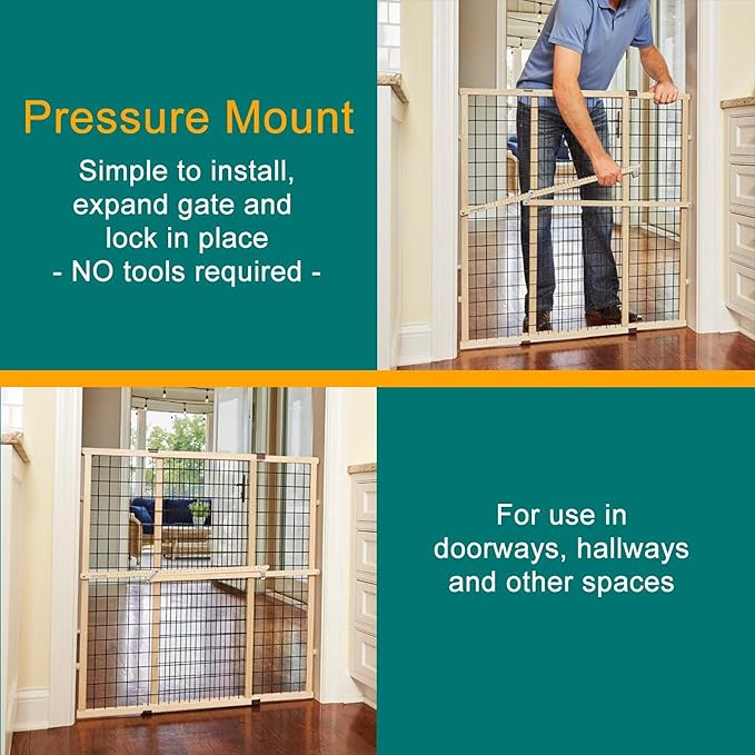 MYPET North States Extra Tall & Wide Wire Mesh Dog Gate: 29.5-48" Wide, 37" Tall, Natural Finish, Made in USA