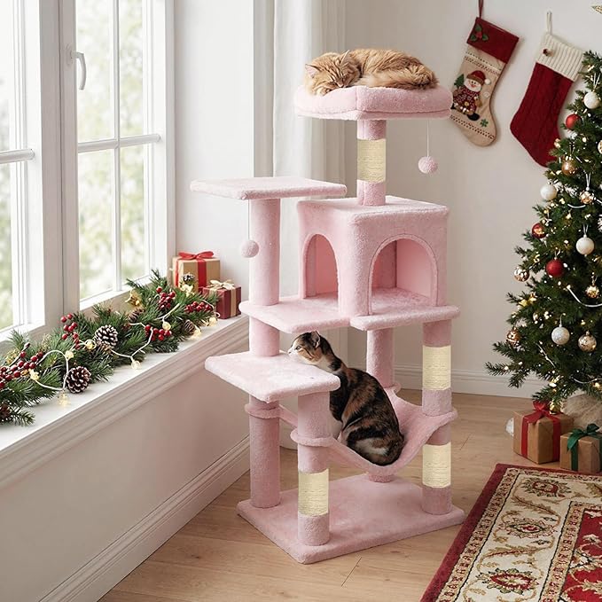 Tangkula Pink Cat Tree, 44 Inch Multi-Level Cat Tower with Sisal Scratching Posts, 2-Door Condo, Padded Top Perch & Hammock, 2 Hanging Balls, Jumping Platforms for Indoor Cats (Pink)