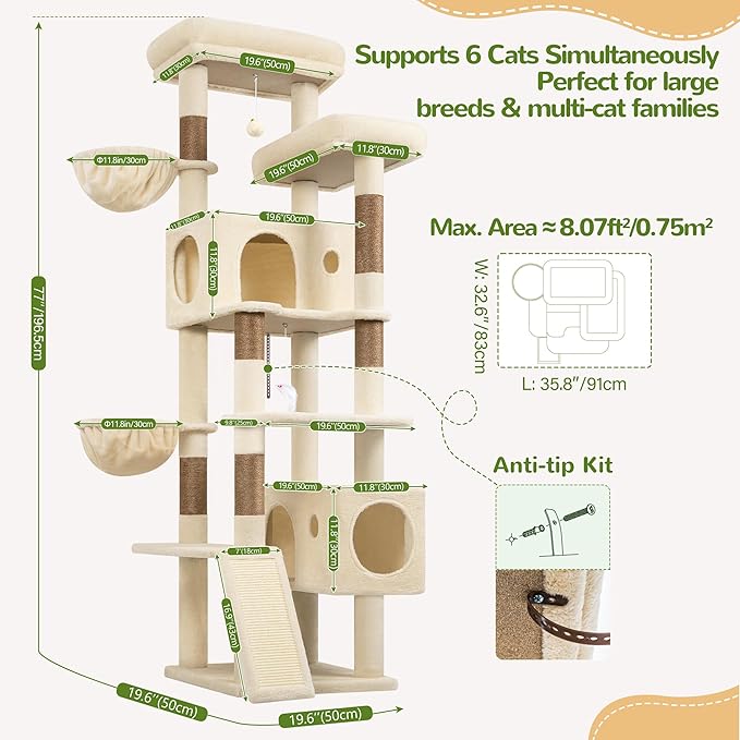 Globlazer 77" Cat Tree for Large Cats, Tall Cat Tower with Scratching Board & Thickened Stable Base, Skin-Friendly Multi-Level Activity Center for Multi-Cat Household, Maine Coon, S77C,Beige