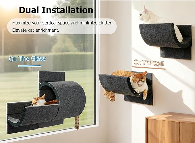 Cat Window Perch with Scratching Bed,Versatile Climbing Shelves Mounted by Strong Suction Cups, Solid Metal Frame and Anti-Slip Felt for Hide,Nap and Sunbath, Glass Protection Design(Grey)