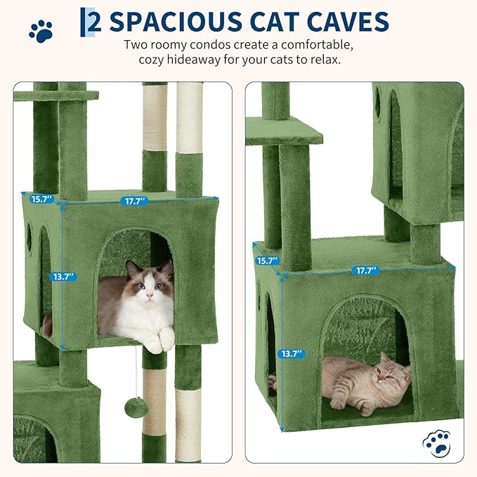 Green 61" Heavy Duty Cat Tree for Large Indoor Cats & Maine Coon, Fresh Multi-Level Cat Tower with Extra Large Perch, 2 Spacious Condos, Natural Sisal Scratching Posts & Interactive Toys