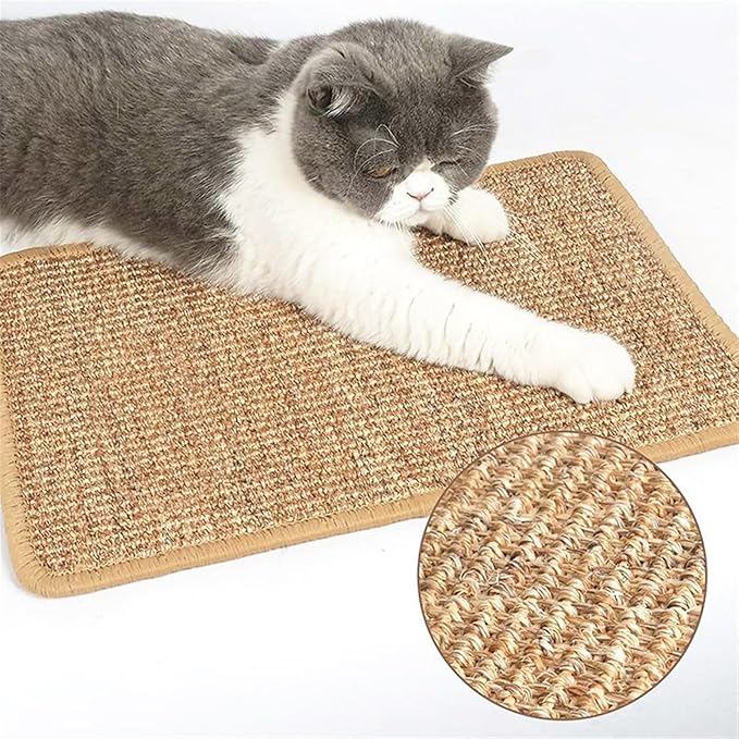 Cat Scratcher Mat Natural Sisal Cat Scratching Pads with Self-Adhesive Horizontal Floor Rug for Indoor Cats Grinding Claws Nails, White, 6" x 6"