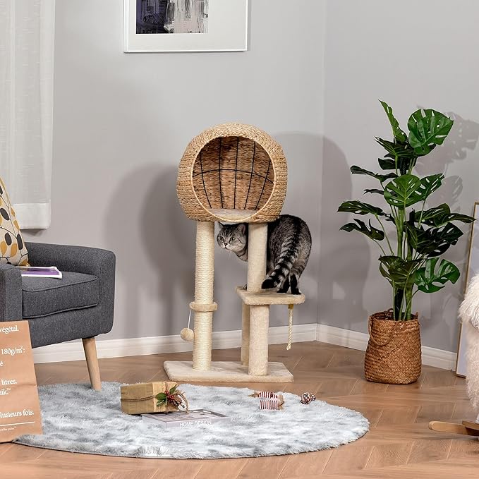 39H Premium Quality Cat Tree with Durable Sisal Scratching, Multi-Level Condo Hideout, Hanging Rope Accessory, Beige Finish