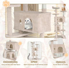 Cat Tree Tower, Sisal-Covered Scratching Posts, Condo, Hammock, Dangling Ball, and Extended Platform, Big Cat House & Furniture, 54" Tall, Beige