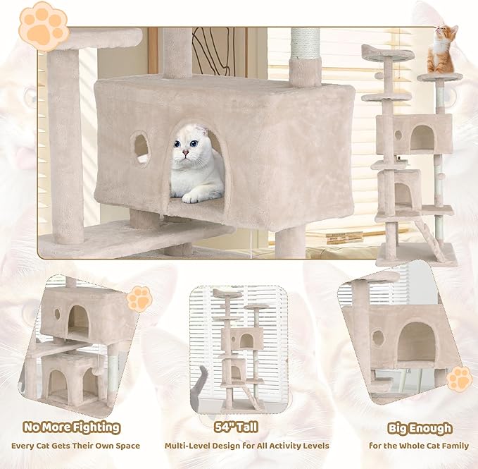 Cat Tree Tower, Sisal-Covered Scratching Posts, Condo, Hammock, Dangling Ball, and Extended Platform, Big Cat House & Furniture, 54" Tall, Beige