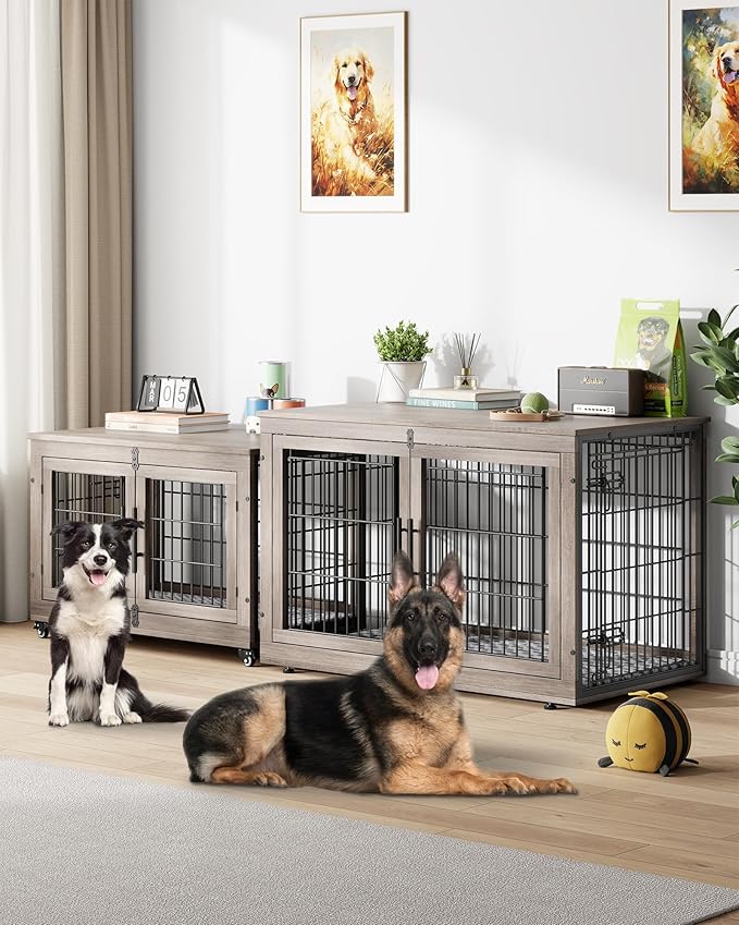 Dog Crate Furniture with Cushion, Wooden Dog Kennel Indoor with Double Doors, Dog Cage with Wheels, Dog House Side End Table for Large Dogs up to 85 lb, 44" L, Grey