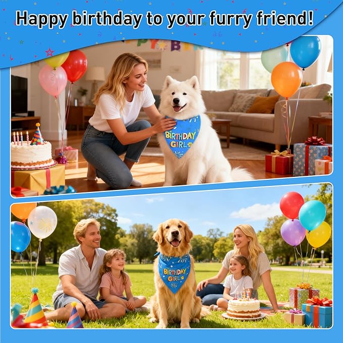 SZEE Dog Birthday Bandana, Reversible Bandanas for Dog Birthday Outfits, Pet Apparel & Accessories, Triangle Pet Scarf for Photo Prop and Holiday Decor (X-Large, Blue)