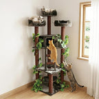 CozyCatFurniture 75" Tall Cat Tree for Multiple Cats with Condo, Green Leaves, Sisal Rope, Climbing Ladder & Three Beds on Top