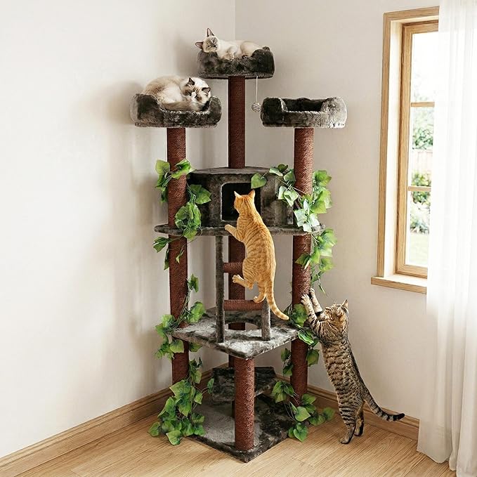 CozyCatFurniture 75" Tall Cat Tree for Multiple Cats with Condo, Green Leaves, Sisal Rope, Climbing Ladder & Three Beds on Top