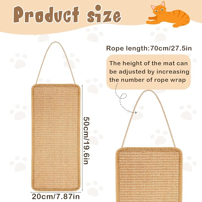2 Pack Sisal Door Cat Scratching Mat Double Use Hanging Scratcher Wall Floor Mount Cat Scratch Mat Kitty Scratching Pad for Indoor Kitten with Hemp Rope, 7.87"x19.69"(Regular,Brown)