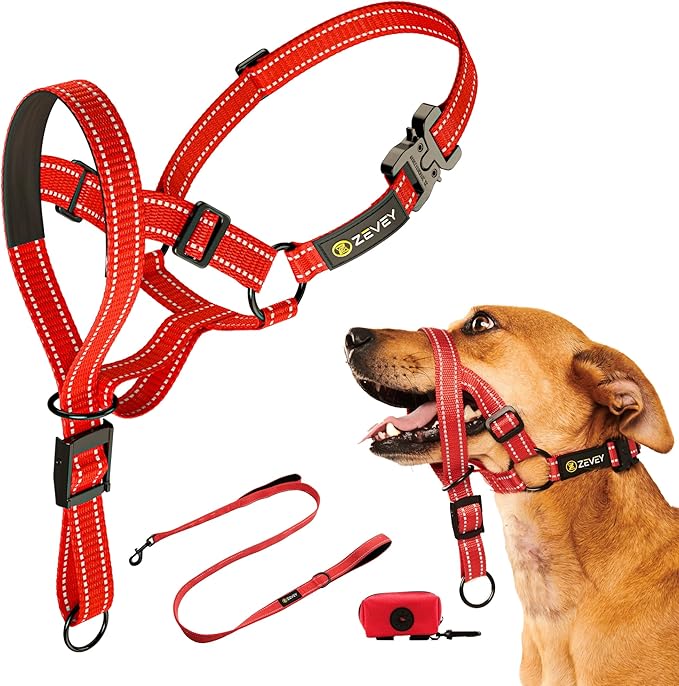 Dog Headcollar with Leash and Safety Strap Stops Heavy Pulling On The Leash Padded Reflective Head Halter for Small Medium Large Dogs Adjustable Head Harness for Training and Walking, (S, RED)