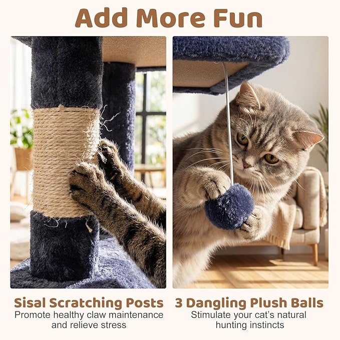 DORTALA Cat Tree for Indoor Cats, 66" Tall Cat Tower with 2 Condos, Sisal Scratching Posts, Plush Perch, Hammock, Dangling Balls, Multi-Level Pet Climbing Furniture Activity Center (Dark Gray)