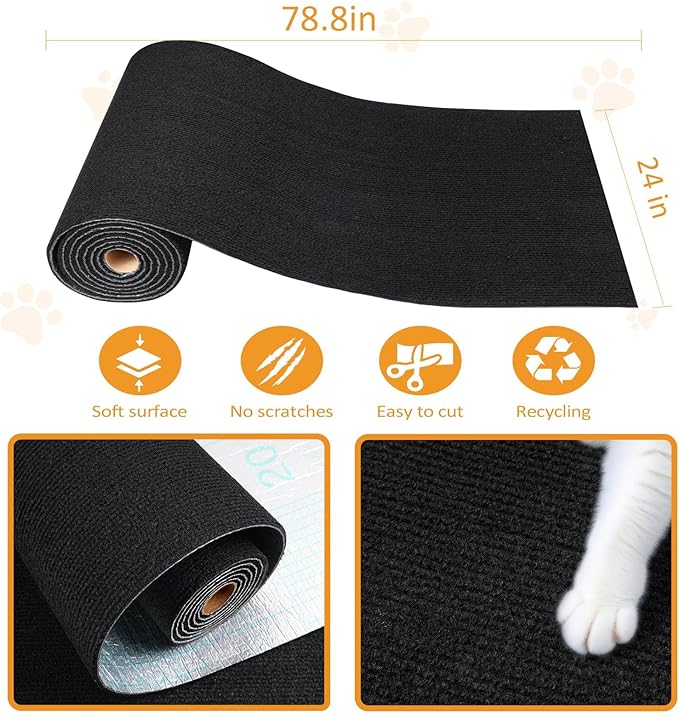 ReWallpaper 24inx6.5ft Cat Scratch Pad Peel and Stick Durable Black Cat Scratching Mat Anti Scratch Indoor Furniture Guard for Sofa Wall Corner Door Tree Post Covering Self Adhesive Strong Grip Carpet
