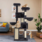 WEEWAY Cat Tree Tower for Indoor Cats,65'' Multi-Level Cat Furniture Activity Center,Stand House Condo Cave,Sisal Scratching Posts Ramps,Plush Perches Platforms Basket Hammock, Dark Grey