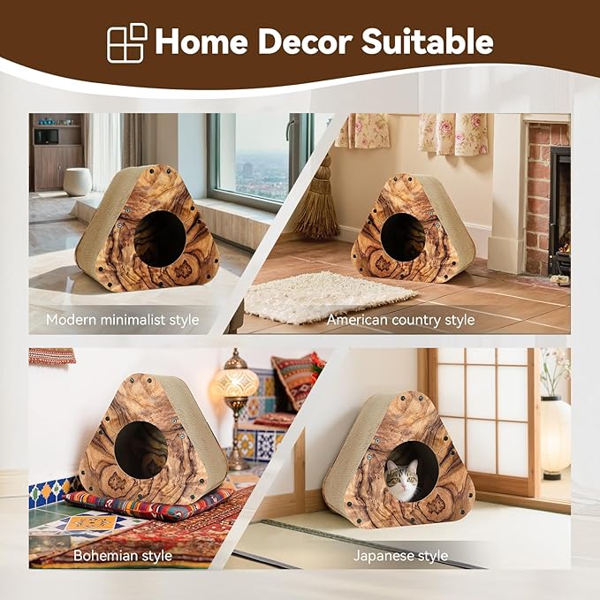 Cat Scratcher House, Cozy Cardboard Design, Safe and Secure for Kittens, Eco-Friendly, Wood Grain (Triangles)