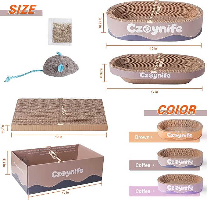 3PCS Cat Scratcher Cardboard, Oval Cat Scratch Pad Bowl Nest for Indoor Cats, Round Cat Scratching Board Corrugated Lounge Cat Bed, Furniture Protector for Couch (Coffee, 17 * 11.5 in)