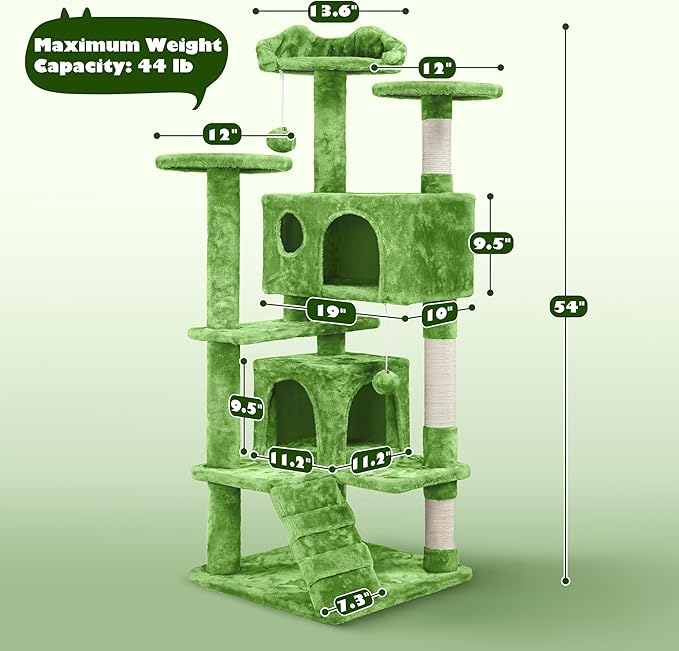 Yaheetech 54in Cat Tree, Cat Tower with Large Condo Sisal Scratching Posts and Dangling Balls, Pet Furniture for Kitten, Green