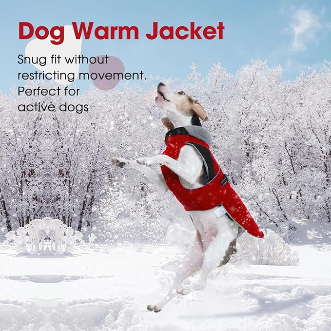 Nanaki Warm Fleece Lined Furry Collar Winter Coats Jackets Vests for Dogs, Waterproof Reflective Dog Snowsuit with Leash Hole Outdoor Walking Hunting, Easy On Pullover Medium Dog Puppy Coat Red XL