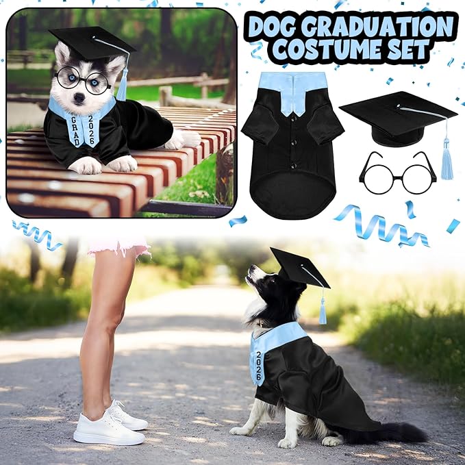 5 Pcs Dog Graduation Costume Set Include 2026 Pet Graduation Gown with Stole Puppy Grad Cap Lensless Glasses DIY Letter Stickers for Dogs Cats Holiday Costume Accessory(Black Light Blue,XL)