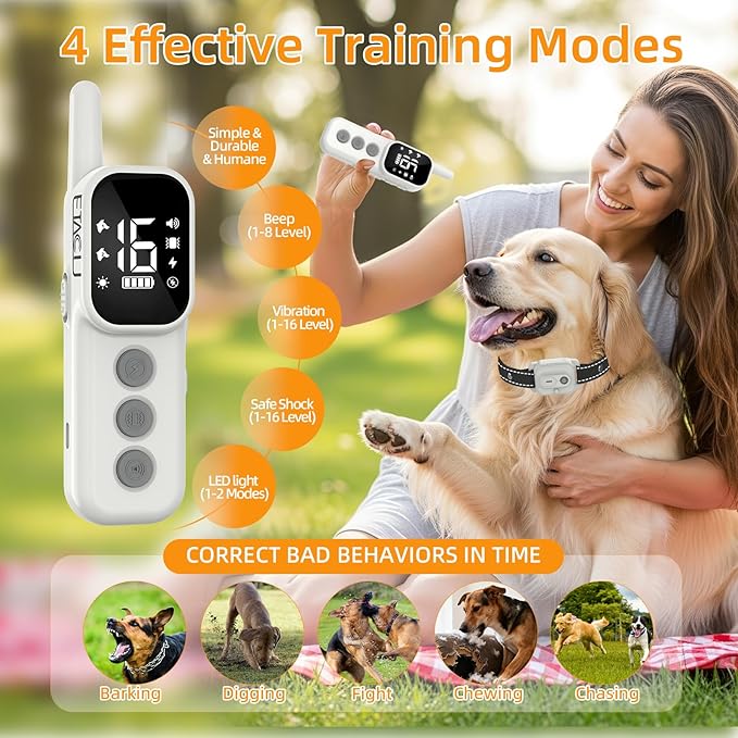 ETACCU Collar for Dogs,Waterproof Dog Training Collar with Remote Control,4 Training Modes：Beep, Vibration, Safe Static,LED,Rechargeable Adjustable for 5-150lbs Small Medium Large Dogs