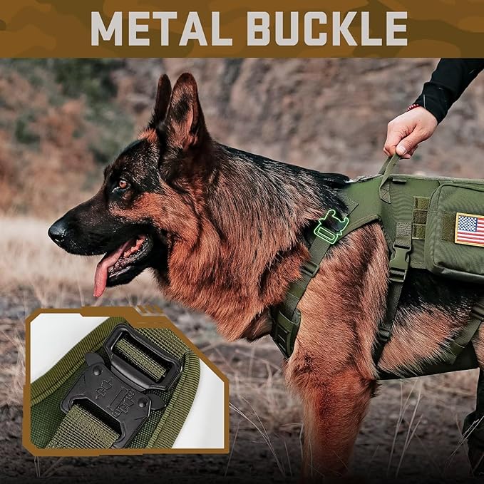 Forestpaw Tactical Dog Harness for Large Dogs,Tactical Dog Collar with Bungee Leash Set,No Pull Military Dog Harness for Walking Training,Adjustable for Medium Large Dogs,Green,Chest 15.5-25.5"