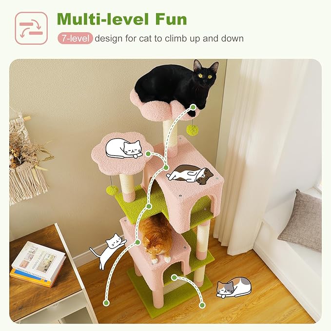 62" Flower Cat Tree for Indoor Cats, Multi-Level Tall Cat Tower with 2 Spacious Condos, Scratching Pad, 4 Cat Scratching Posts, 2 Top Perches, 2 Pompoms, Pink