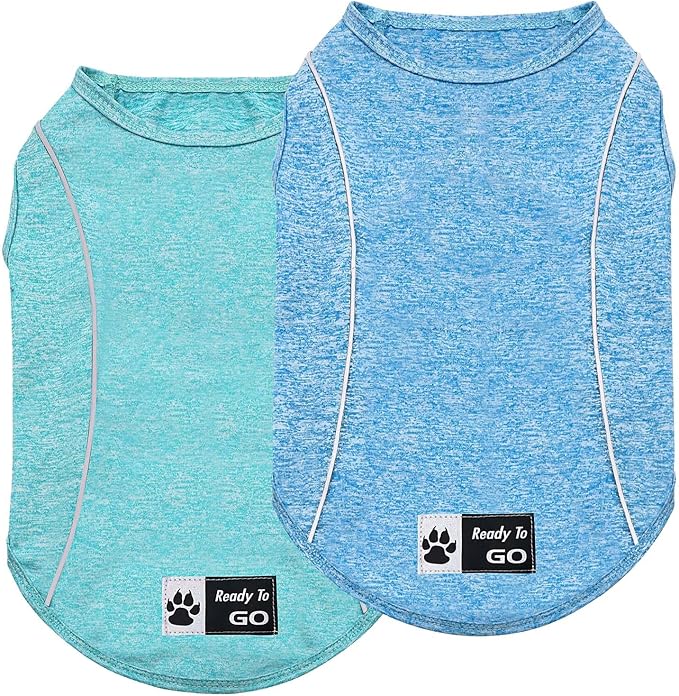 KYEESE 2Pack Reflective Dog Shirt, Lightweight Sun Protection Dog T Shirts for Small Dogs Boy, Breathable Sleeveless Puppy Tank Top Summer Dogs Clothes for Night Walking Outdoor, Lake Blue+Blue, S