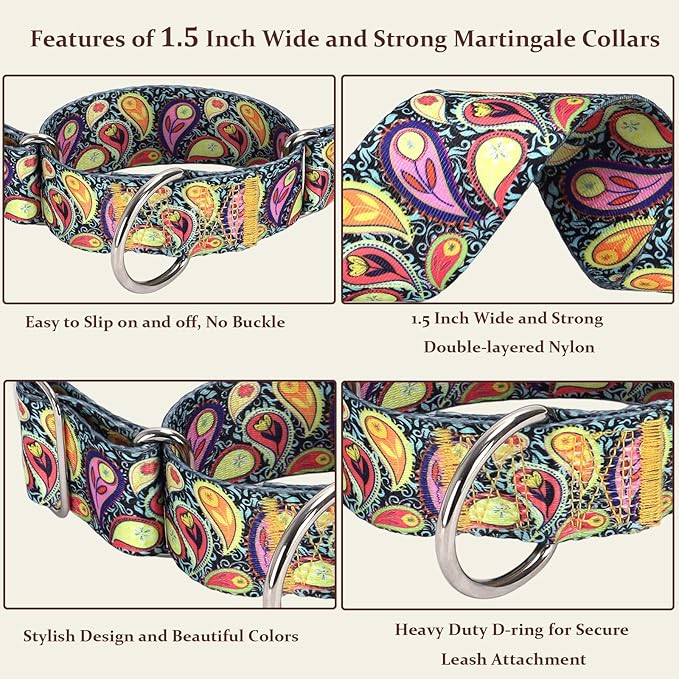 1.5 Inch Wide Martingale Dog Collar - No Pull Choke Cinch Escape Proof for Large Breeds Walking, Running & Training（Cashew Flower M）