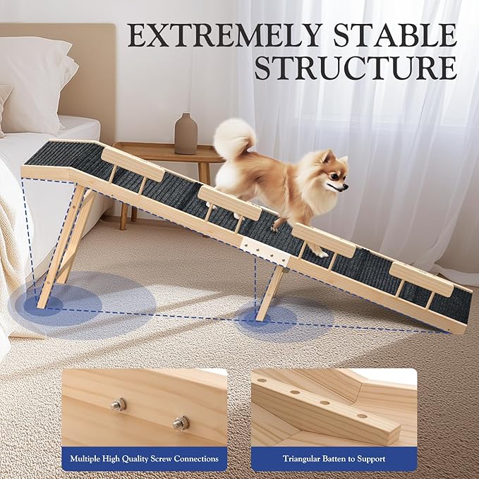 Easyego Foldable Dog Ramp for Bed, 74" Wood Pet Ramp with Side Rails and High Traction Carpet, 22° Gentle Long Slope, Top Landing Platform, Supports up to 200 LBS for Senior Dogs - Natural