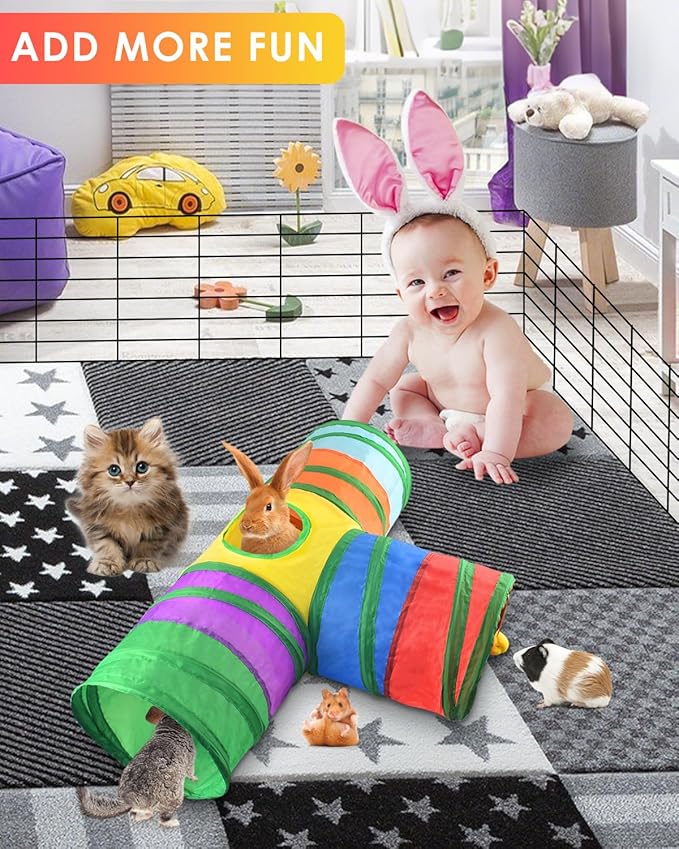 Bissap Rabbit Tunnel, 9.8'' Collapsible Bunny Tunnel and Tube 3 Ways Pet Hideout with 1 Play Ball for Indoor Kittens Dwarf Rabbit Bunny Guinea Pig Chinchilla Small Animal Activity Fun Toy (Rainbow)